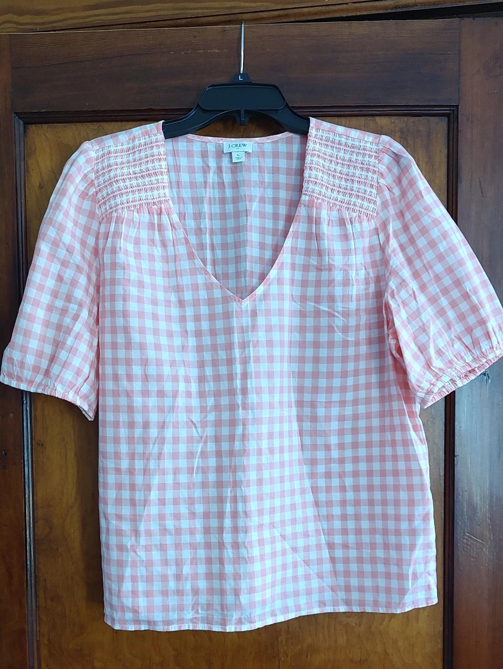 J. Crew Pink and White Gingham V-Neck Smocked Shoulder Top